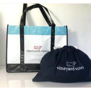 2-Piece Vineyard Vines Logo Reusable Plastic Shopping Tote & Drawstring Bag Set